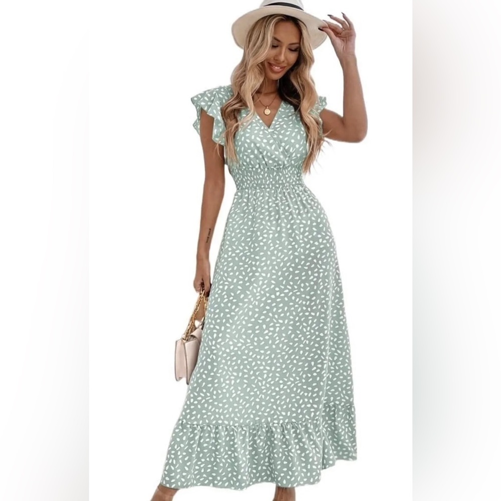 - Women's Allover Print Ruffle Trim Shirred Waist Dress